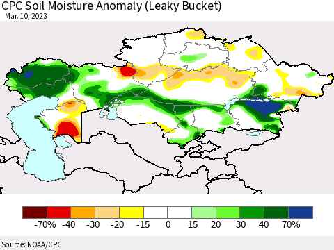 Kazakhstan CPC Soil Moisture Anomaly (Leaky Bucket) Thematic Map For 3/6/2023 - 3/10/2023