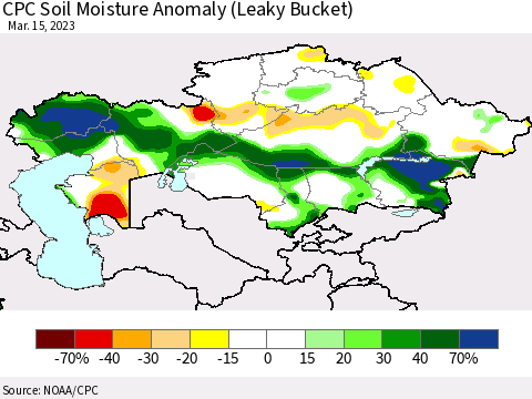 Kazakhstan CPC Soil Moisture Anomaly (Leaky Bucket) Thematic Map For 3/11/2023 - 3/15/2023