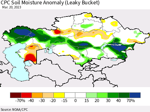 Kazakhstan CPC Soil Moisture Anomaly (Leaky Bucket) Thematic Map For 3/16/2023 - 3/20/2023