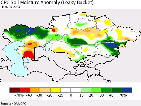 Kazakhstan CPC Soil Moisture Anomaly (Leaky Bucket) Thematic Map For 3/21/2023 - 3/25/2023