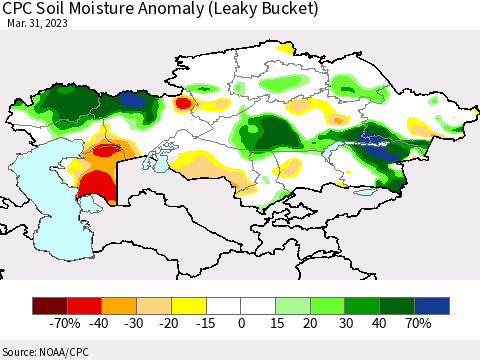 Kazakhstan CPC Soil Moisture Anomaly (Leaky Bucket) Thematic Map For 3/26/2023 - 3/31/2023