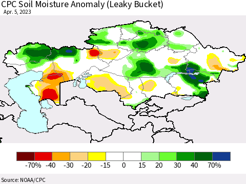 Kazakhstan CPC Soil Moisture Anomaly (Leaky Bucket) Thematic Map For 4/1/2023 - 4/5/2023