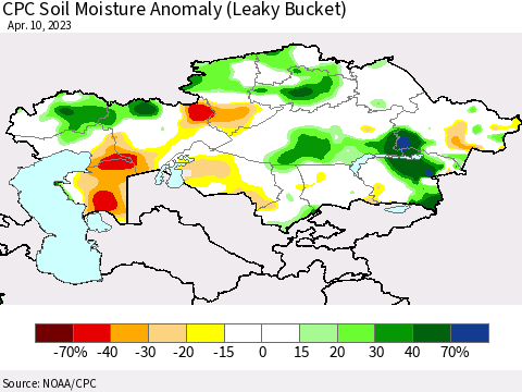 Kazakhstan CPC Soil Moisture Anomaly (Leaky Bucket) Thematic Map For 4/6/2023 - 4/10/2023