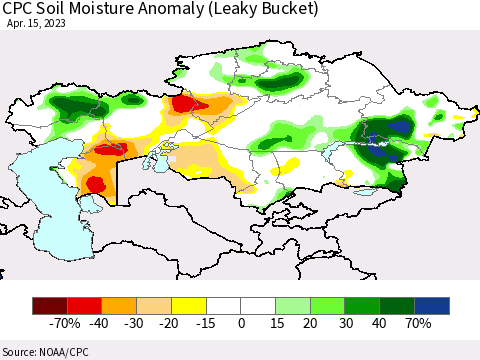 Kazakhstan CPC Soil Moisture Anomaly (Leaky Bucket) Thematic Map For 4/11/2023 - 4/15/2023