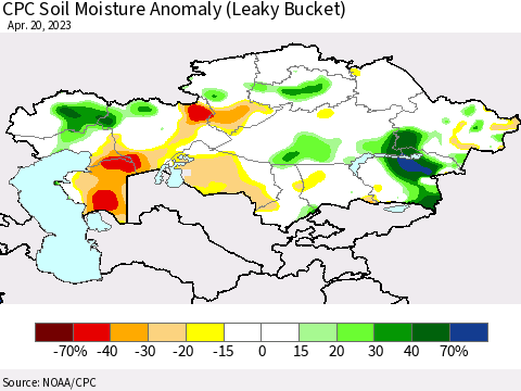 Kazakhstan CPC Soil Moisture Anomaly (Leaky Bucket) Thematic Map For 4/16/2023 - 4/20/2023