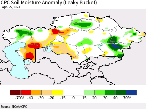 Kazakhstan CPC Soil Moisture Anomaly (Leaky Bucket) Thematic Map For 4/21/2023 - 4/25/2023
