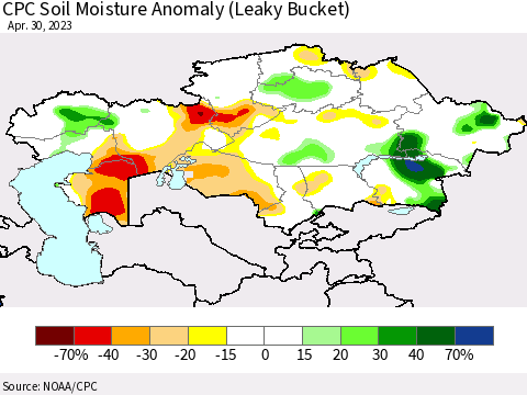 Kazakhstan CPC Soil Moisture Anomaly (Leaky Bucket) Thematic Map For 4/26/2023 - 4/30/2023