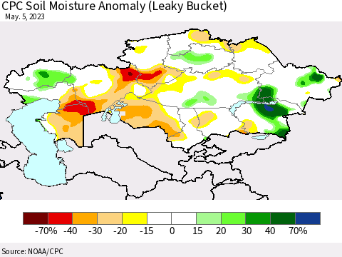 Kazakhstan CPC Soil Moisture Anomaly (Leaky Bucket) Thematic Map For 5/1/2023 - 5/5/2023