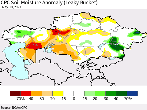Kazakhstan CPC Soil Moisture Anomaly (Leaky Bucket) Thematic Map For 5/6/2023 - 5/10/2023