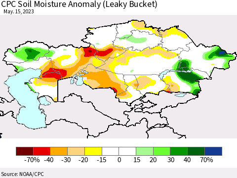 Kazakhstan CPC Soil Moisture Anomaly (Leaky Bucket) Thematic Map For 5/11/2023 - 5/15/2023