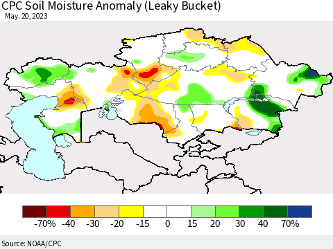 Kazakhstan CPC Soil Moisture Anomaly (Leaky Bucket) Thematic Map For 5/16/2023 - 5/20/2023
