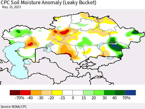 Kazakhstan CPC Soil Moisture Anomaly (Leaky Bucket) Thematic Map For 5/21/2023 - 5/25/2023
