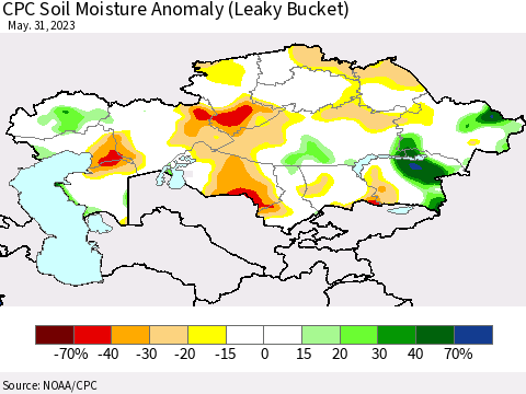 Kazakhstan CPC Soil Moisture Anomaly (Leaky Bucket) Thematic Map For 5/26/2023 - 5/31/2023