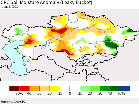 Kazakhstan CPC Soil Moisture Anomaly (Leaky Bucket) Thematic Map For 6/1/2023 - 6/5/2023