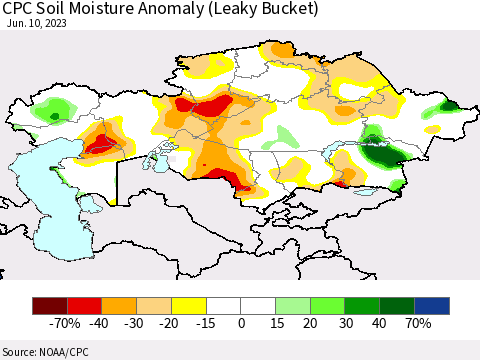 Kazakhstan CPC Soil Moisture Anomaly (Leaky Bucket) Thematic Map For 6/6/2023 - 6/10/2023