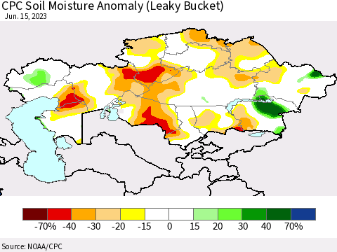 Kazakhstan CPC Soil Moisture Anomaly (Leaky Bucket) Thematic Map For 6/11/2023 - 6/15/2023