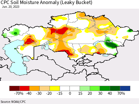 Kazakhstan CPC Soil Moisture Anomaly (Leaky Bucket) Thematic Map For 6/16/2023 - 6/20/2023