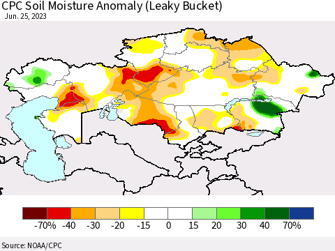 Kazakhstan CPC Soil Moisture Anomaly (Leaky Bucket) Thematic Map For 6/21/2023 - 6/25/2023