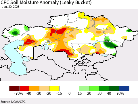 Kazakhstan CPC Soil Moisture Anomaly (Leaky Bucket) Thematic Map For 6/26/2023 - 6/30/2023