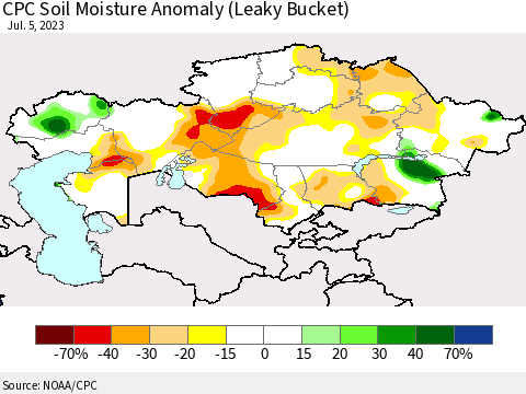 Kazakhstan CPC Soil Moisture Anomaly (Leaky Bucket) Thematic Map For 7/1/2023 - 7/5/2023