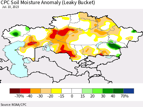 Kazakhstan CPC Soil Moisture Anomaly (Leaky Bucket) Thematic Map For 7/6/2023 - 7/10/2023