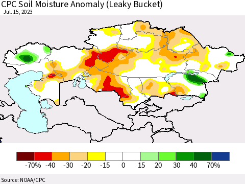 Kazakhstan CPC Soil Moisture Anomaly (Leaky Bucket) Thematic Map For 7/11/2023 - 7/15/2023