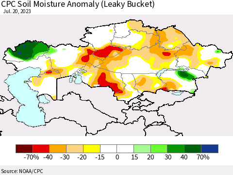 Kazakhstan CPC Soil Moisture Anomaly (Leaky Bucket) Thematic Map For 7/16/2023 - 7/20/2023