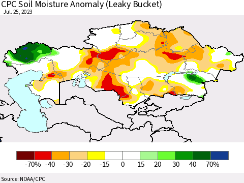 Kazakhstan CPC Soil Moisture Anomaly (Leaky Bucket) Thematic Map For 7/21/2023 - 7/25/2023