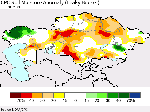 Kazakhstan CPC Soil Moisture Anomaly (Leaky Bucket) Thematic Map For 7/26/2023 - 7/31/2023