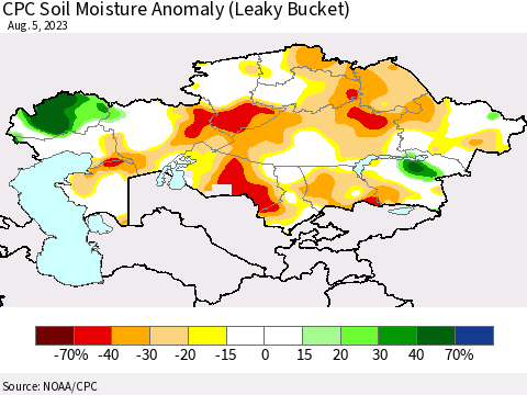 Kazakhstan CPC Soil Moisture Anomaly (Leaky Bucket) Thematic Map For 8/1/2023 - 8/5/2023