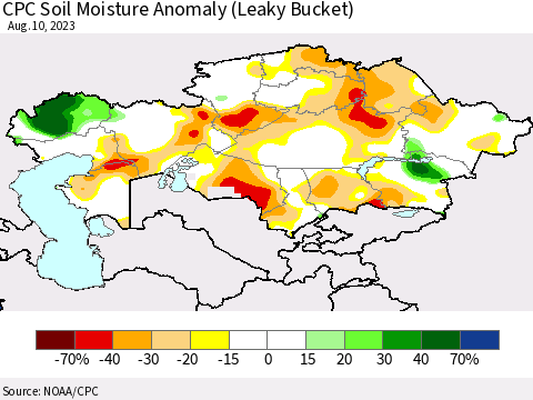 Kazakhstan CPC Soil Moisture Anomaly (Leaky Bucket) Thematic Map For 8/6/2023 - 8/10/2023