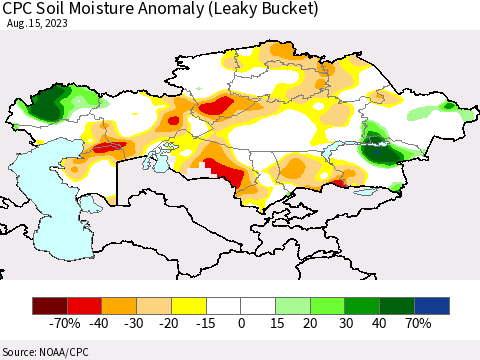 Kazakhstan CPC Soil Moisture Anomaly (Leaky Bucket) Thematic Map For 8/11/2023 - 8/15/2023