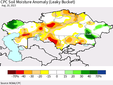 Kazakhstan CPC Soil Moisture Anomaly (Leaky Bucket) Thematic Map For 8/16/2023 - 8/20/2023