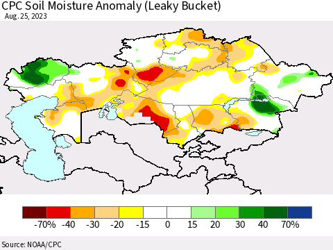 Kazakhstan CPC Soil Moisture Anomaly (Leaky Bucket) Thematic Map For 8/21/2023 - 8/25/2023