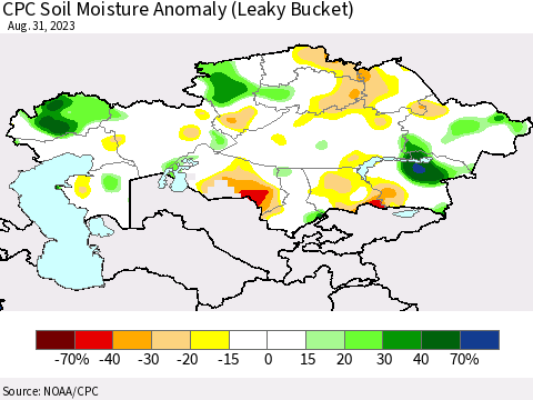Kazakhstan CPC Soil Moisture Anomaly (Leaky Bucket) Thematic Map For 8/26/2023 - 8/31/2023