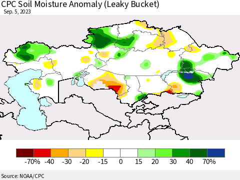 Kazakhstan CPC Soil Moisture Anomaly (Leaky Bucket) Thematic Map For 9/1/2023 - 9/5/2023