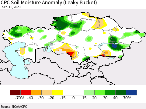 Kazakhstan CPC Soil Moisture Anomaly (Leaky Bucket) Thematic Map For 9/6/2023 - 9/10/2023