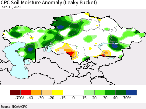 Kazakhstan CPC Soil Moisture Anomaly (Leaky Bucket) Thematic Map For 9/11/2023 - 9/15/2023