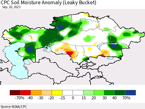 Kazakhstan CPC Soil Moisture Anomaly (Leaky Bucket) Thematic Map For 9/16/2023 - 9/20/2023