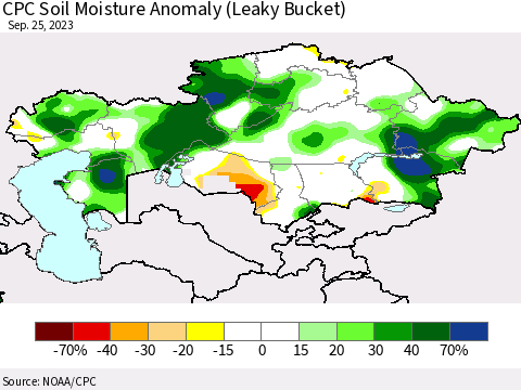 Kazakhstan CPC Soil Moisture Anomaly (Leaky Bucket) Thematic Map For 9/21/2023 - 9/25/2023