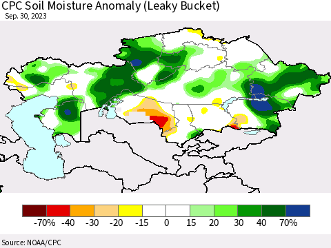 Kazakhstan CPC Soil Moisture Anomaly (Leaky Bucket) Thematic Map For 9/26/2023 - 9/30/2023