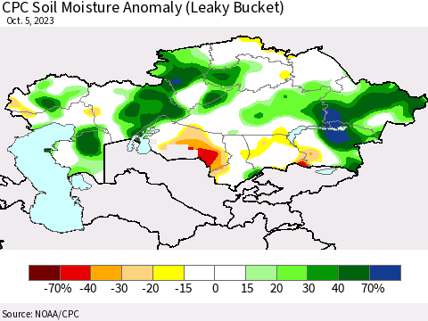 Kazakhstan CPC Soil Moisture Anomaly (Leaky Bucket) Thematic Map For 10/1/2023 - 10/5/2023