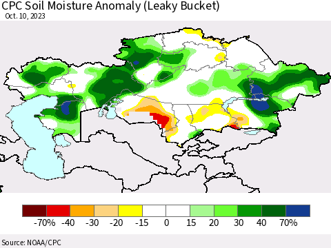 Kazakhstan CPC Soil Moisture Anomaly (Leaky Bucket) Thematic Map For 10/6/2023 - 10/10/2023