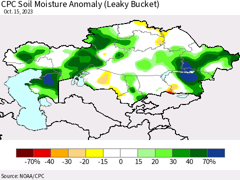 Kazakhstan CPC Soil Moisture Anomaly (Leaky Bucket) Thematic Map For 10/11/2023 - 10/15/2023