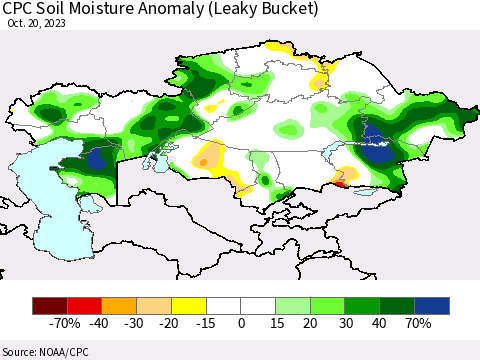 Kazakhstan CPC Soil Moisture Anomaly (Leaky Bucket) Thematic Map For 10/16/2023 - 10/20/2023