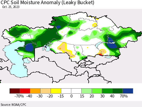 Kazakhstan CPC Soil Moisture Anomaly (Leaky Bucket) Thematic Map For 10/21/2023 - 10/25/2023