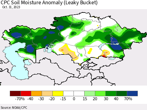Kazakhstan CPC Soil Moisture Anomaly (Leaky Bucket) Thematic Map For 10/26/2023 - 10/31/2023