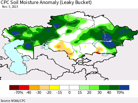 Kazakhstan CPC Soil Moisture Anomaly (Leaky Bucket) Thematic Map For 11/1/2023 - 11/5/2023