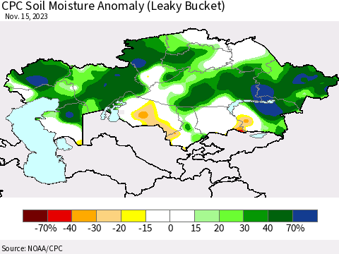 Kazakhstan CPC Soil Moisture Anomaly (Leaky Bucket) Thematic Map For 11/11/2023 - 11/15/2023