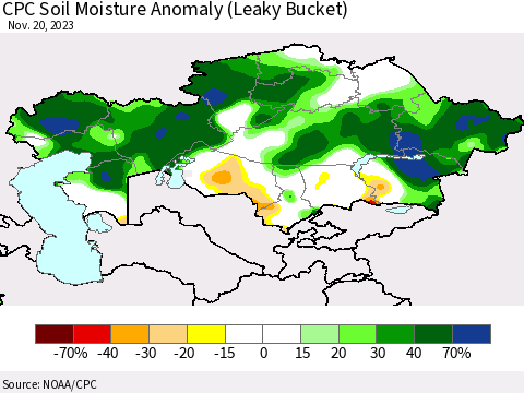 Kazakhstan CPC Soil Moisture Anomaly (Leaky Bucket) Thematic Map For 11/16/2023 - 11/20/2023